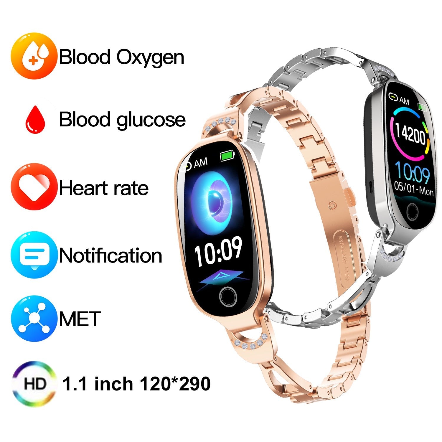 Blood Pressure Heart Rate monitoring Luxury Diamond Design Fashion Women Smartwatch
