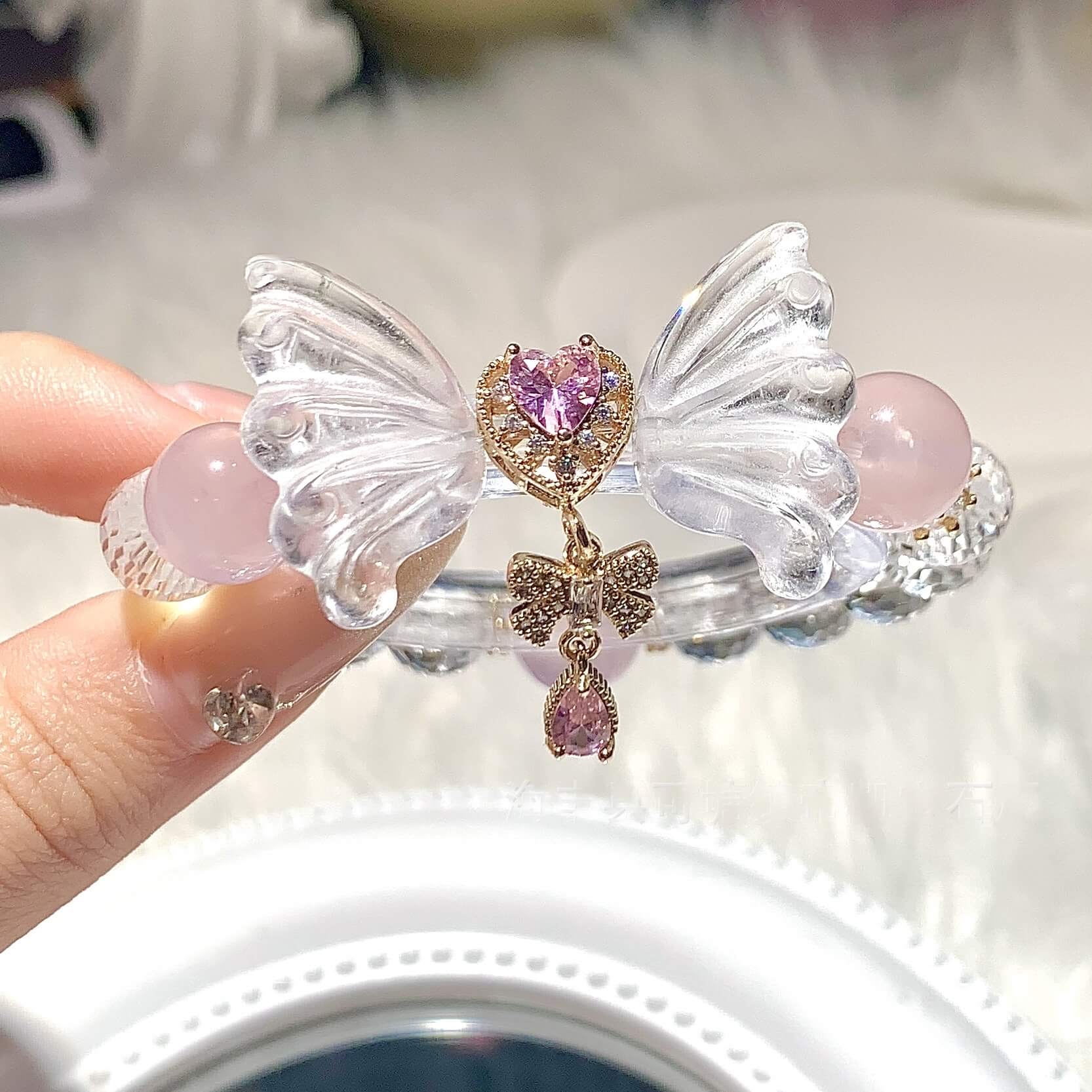 Butterfly Pink Rose Quartz and Clear Quartz Bracelet
