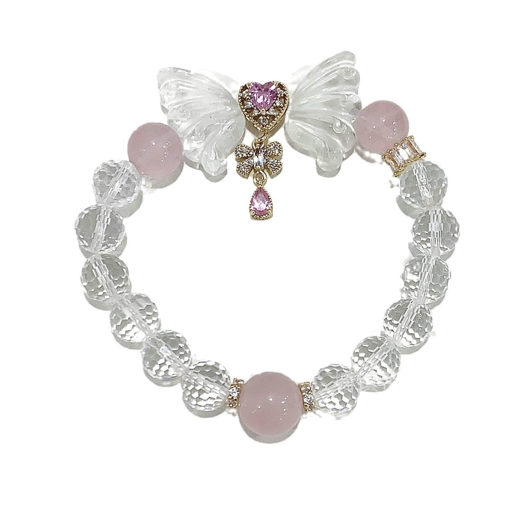 Butterfly Pink Rose Quartz and Clear Quartz Bracelet
