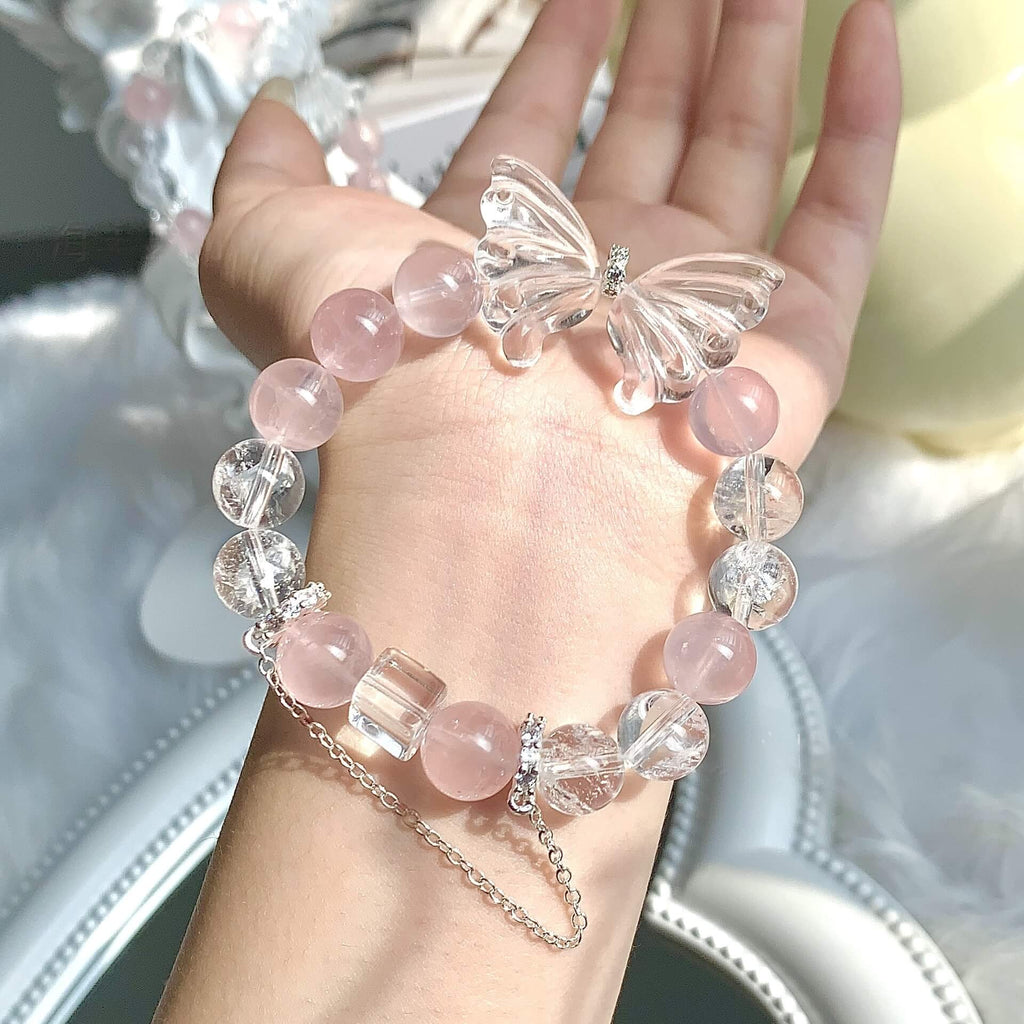 Butterfly Pink Rose Quartz and Clear Quartz Bracelet