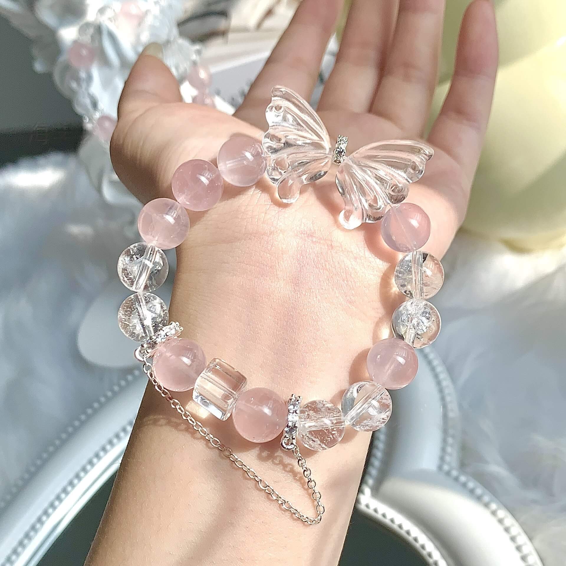 Butterfly Pink Rose Quartz and Clear Quartz Bracelet