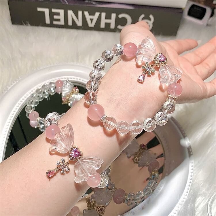 Butterfly Pink Rose Quartz and Clear Quartz Bracelet