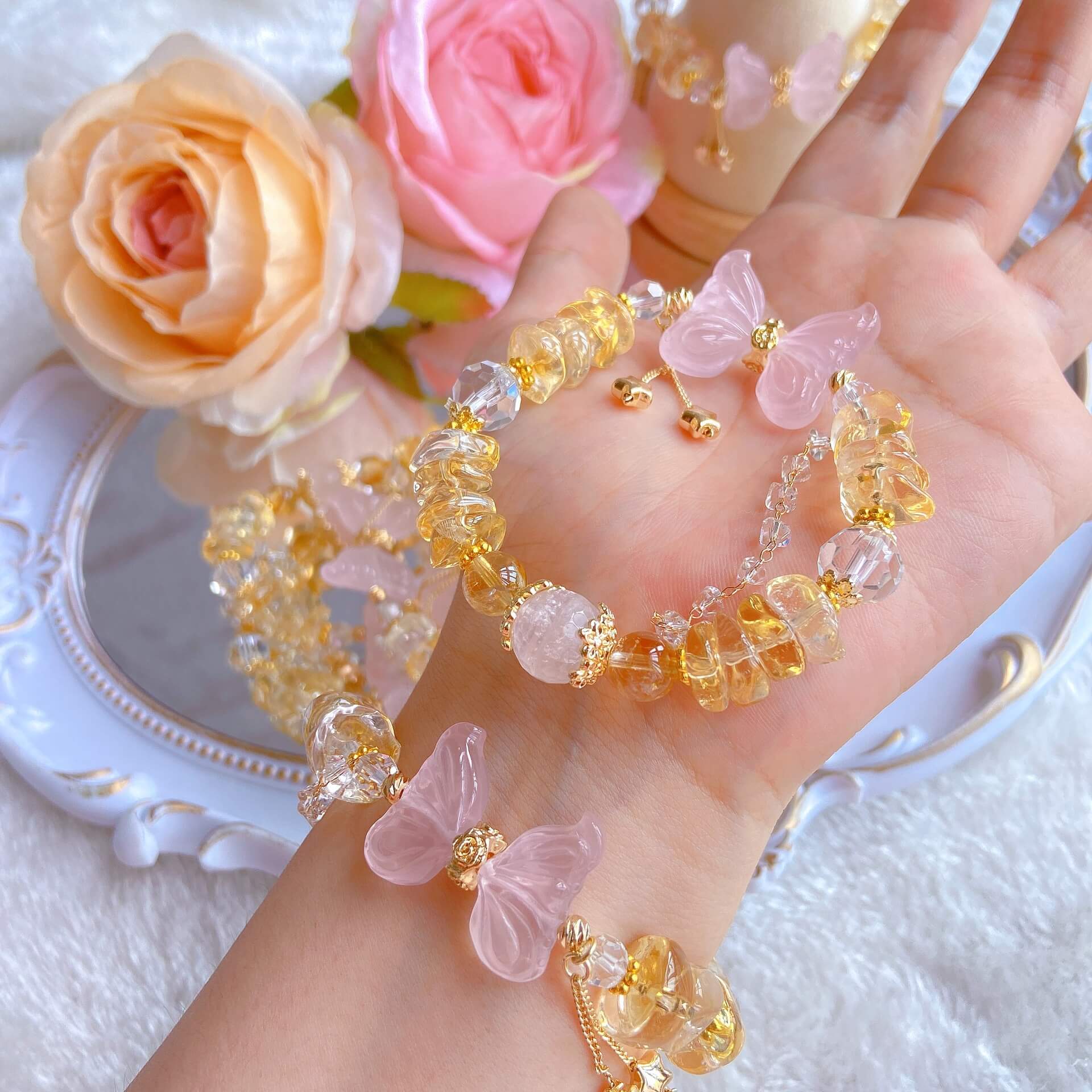 Butterfly Rose Quartz Citrine Bracelet