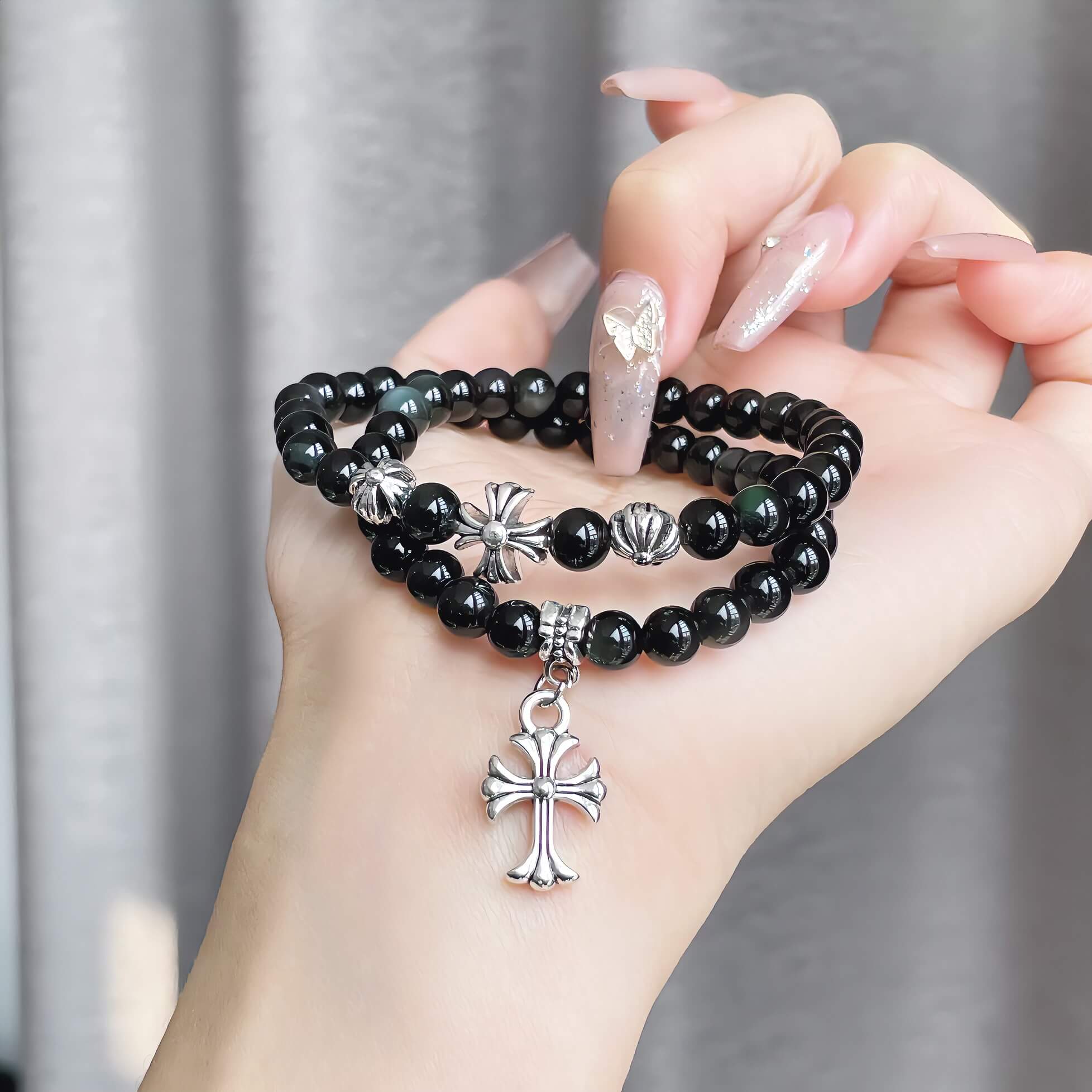 Cross Black Obsidian Bracelet