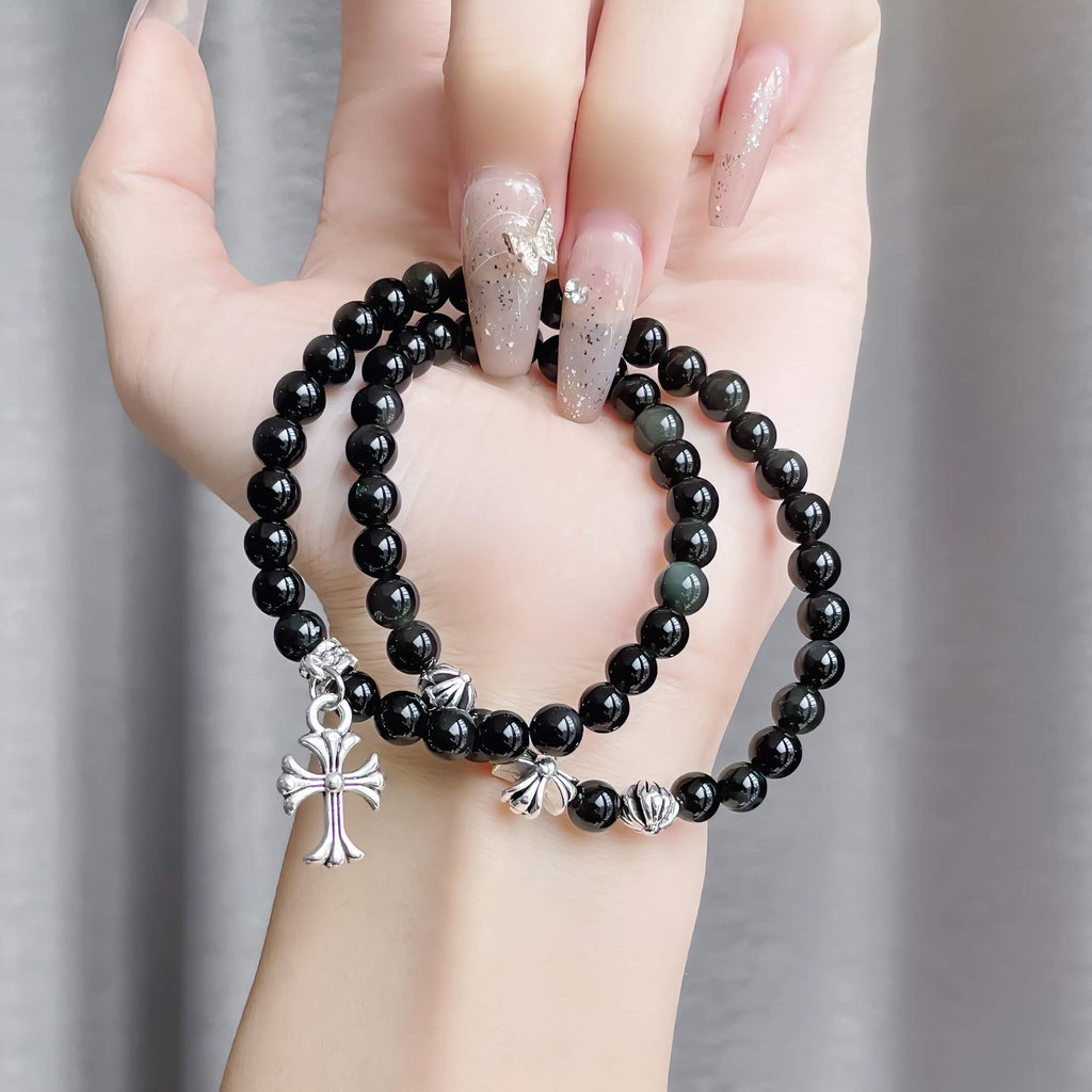 Cross Black Obsidian Bracelet