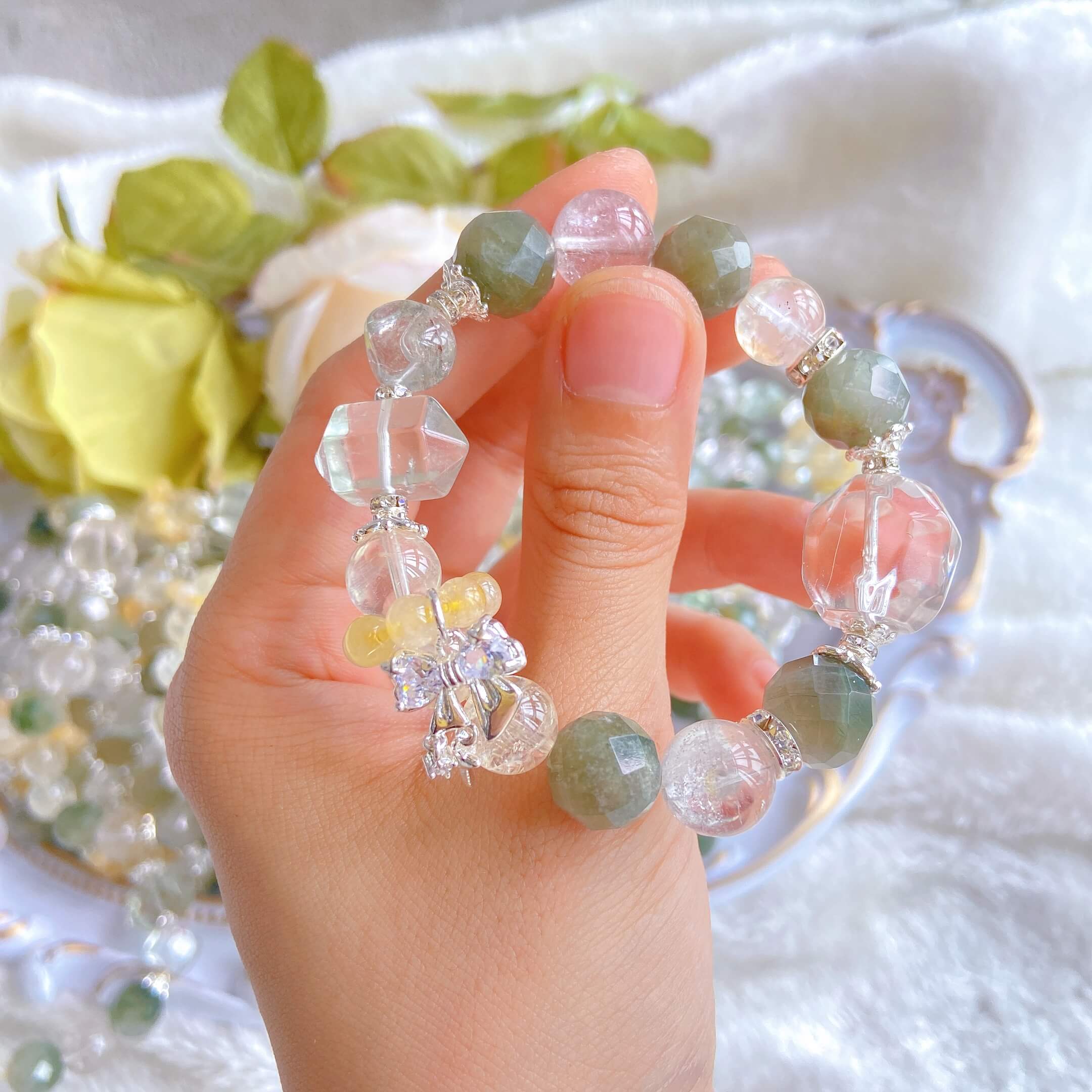 Green Phantom Quartz Rutilated Quartz Bracelet