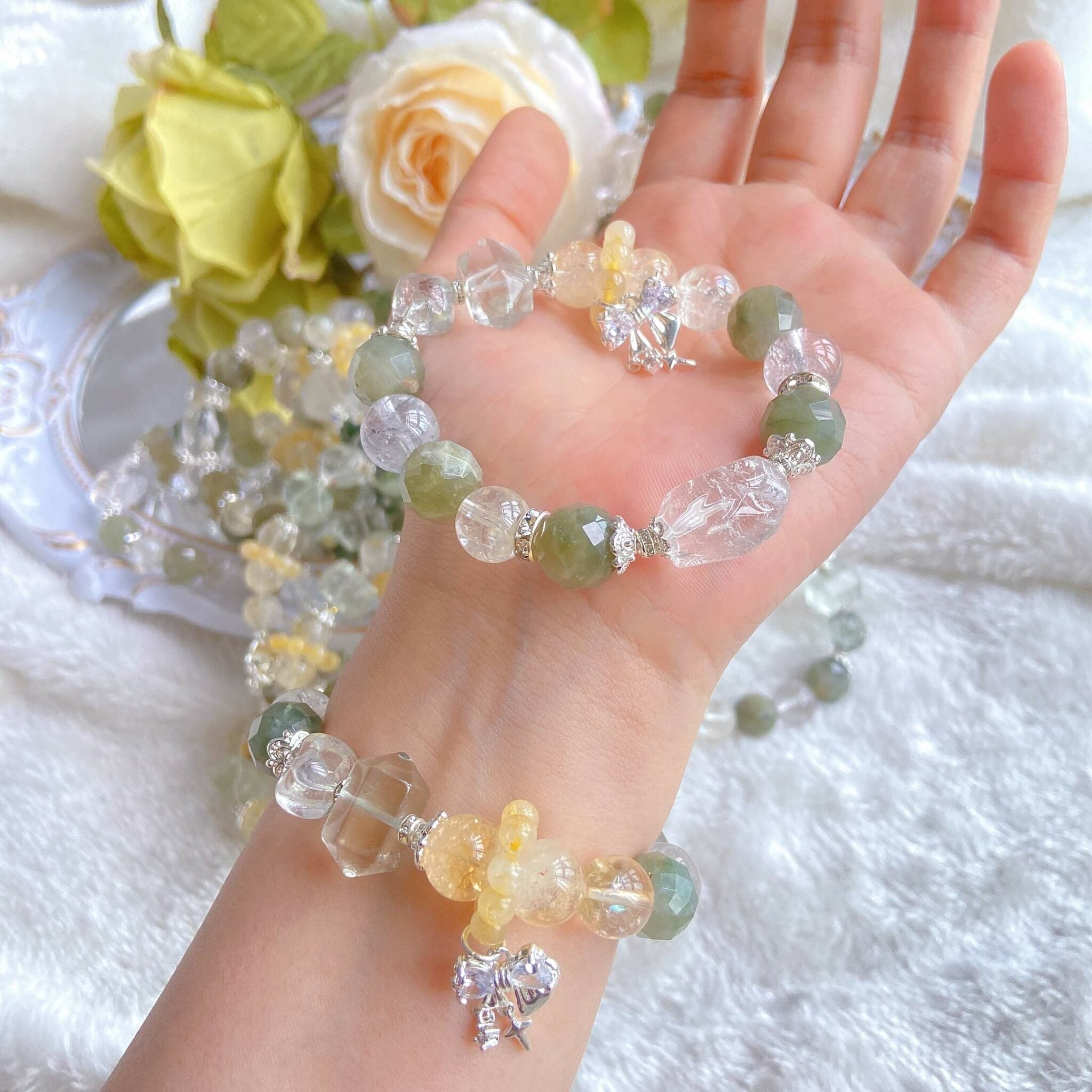 Green Phantom Quartz Rutilated Quartz Bracelet